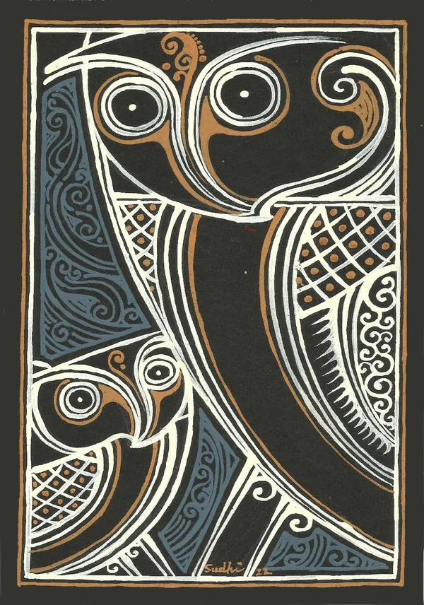 Laxmi'S_Owl_Alpana_In_Gouache_By_Sudhi_Ranjan_Mukherjee|_Size_A5