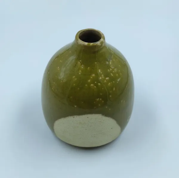 Studio_Pottery_Round_Bud_Vase|_Miniature_Stoneware_Pottery_Flower_Vase|Handglazed_In_Part_Gloss_And_Part_Matte_Finish|_3.5"_Height_(Green-Cream)