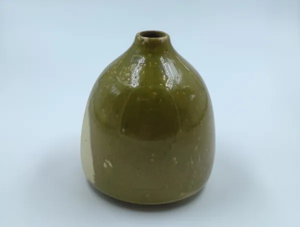 Studio_Pottery_Round_Bud_Vase|_Miniature_Stoneware_Pottery_Flower_Vase|Handglazed_In_Part_Gloss_And_Part_Matte_Finish|_3.5"_Height_(Green-Cream)