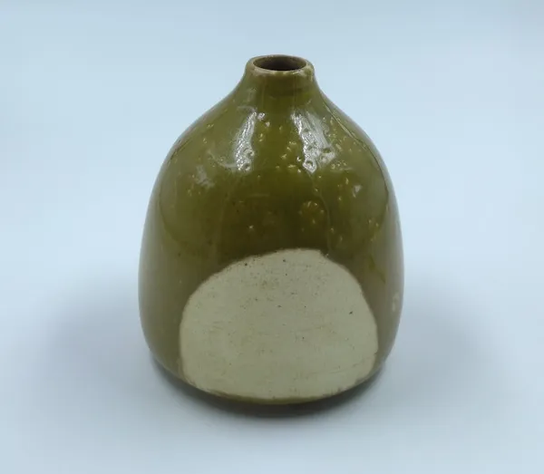 Studio_Pottery_Round_Bud_Vase|_Miniature_Stoneware_Pottery_Flower_Vase|Handglazed_In_Part_Gloss_And_Part_Matte_Finish|_3.5"_Height_(Green-Cream)