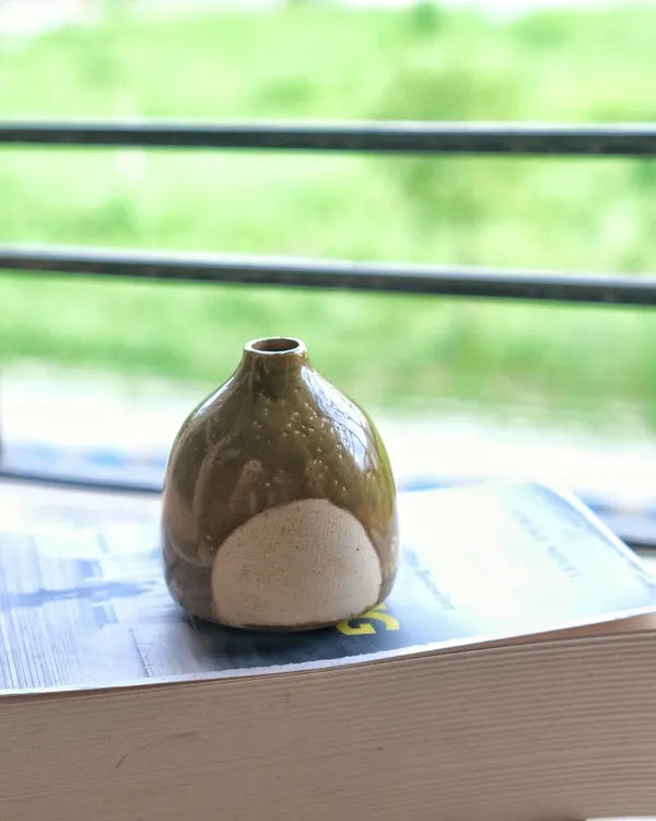 Studio_Pottery_Round_Bud_Vase|_Miniature_Stoneware_Pottery_Flower_Vase|Handglazed_In_Part_Gloss_And_Part_Matte_Finish|_3.5"_Height_(Green-Cream)