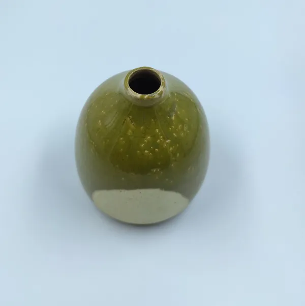 Studio_Pottery_Round_Bud_Vase|_Miniature_Stoneware_Pottery_Flower_Vase|Handglazed_In_Part_Gloss_And_Part_Matte_Finish|_3.5"_Height_(Green-Cream)
