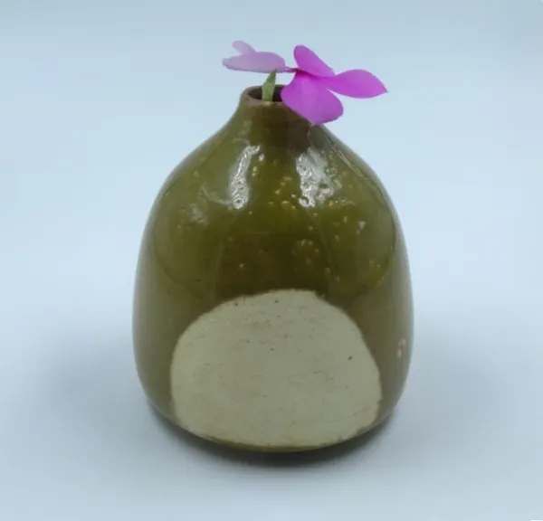 Studio_Pottery_Round_Bud_Vase|_Miniature_Stoneware_Pottery_Flower_Vase|Handglazed_In_Part_Gloss_And_Part_Matte_Finish|_3.5"_Height_(Green-Cream)