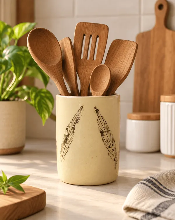 Stoneware_Ceramic_Cutlery_Holder_–_Handcrafted_Dual_Glazed_Utensil_Organizer_|_Cream-Brown_Leaf|Multipurpose_Kitchen_&_Dining_Table_Accessory
