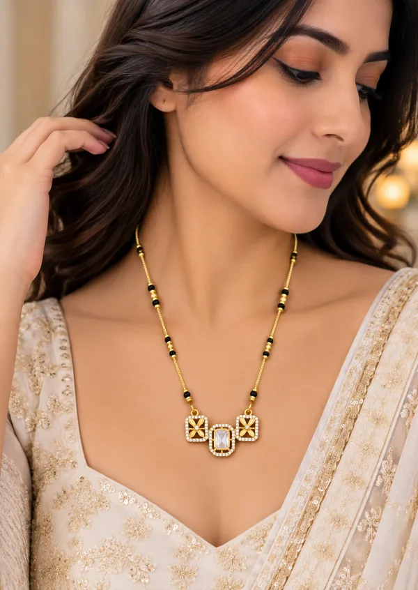 Gold_And_Black_Brass_Three_Square_Floral_Mangalsutra_Necklace_For_Women