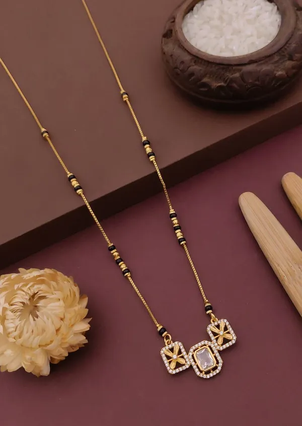 Gold_And_Black_Brass_Three_Square_Floral_Mangalsutra_Necklace_For_Women