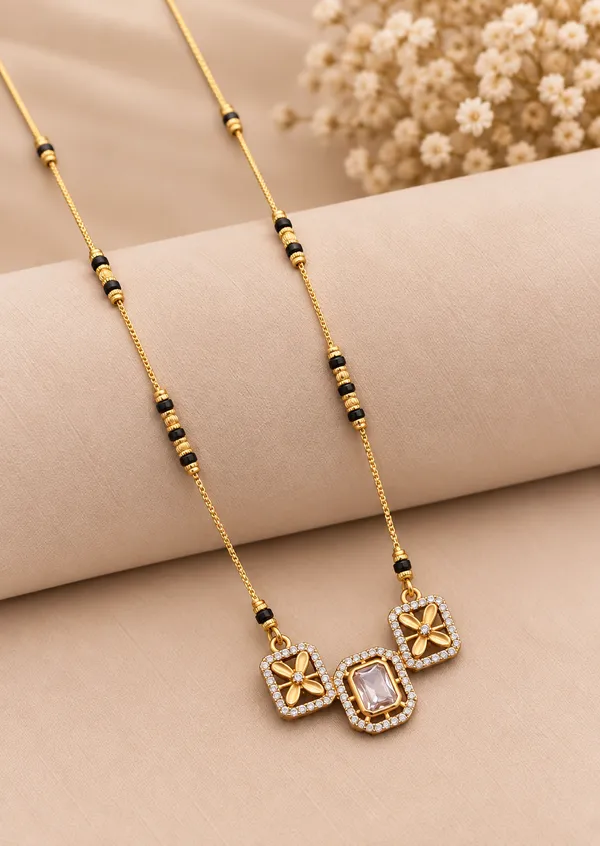 Gold_And_Black_Brass_Three_Square_Floral_Mangalsutra_Necklace_For_Women