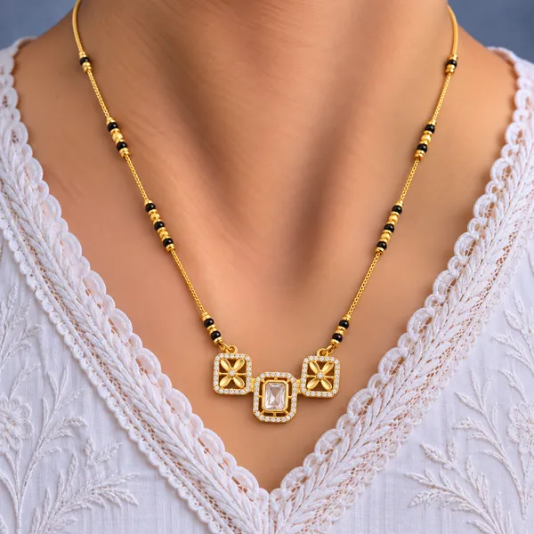 Gold_And_Black_Brass_Three_Square_Floral_Mangalsutra_Necklace_For_Women