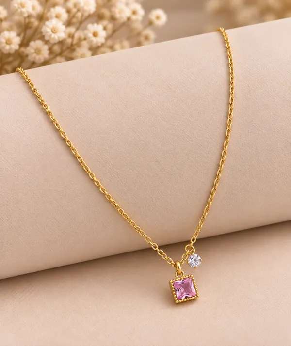 Gold_And_Pink_Brass_Pink_Square_Pendant_Necklace_For_Women