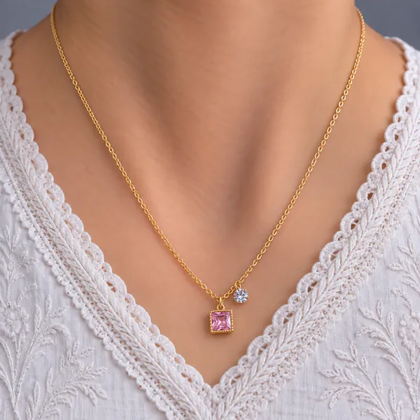 Gold_And_Pink_Brass_Pink_Square_Pendant_Necklace_For_Women
