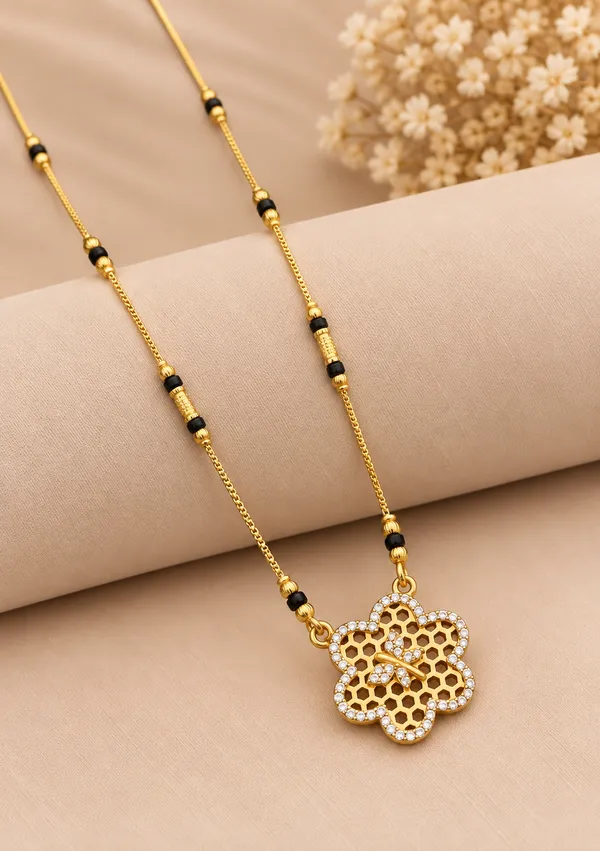 Gold_And_Black_Brass_Honeycomb_Flower_Mangalsutra_Necklace_For_Women