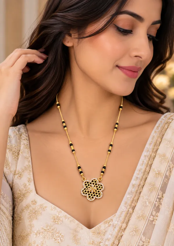 Gold_And_Black_Brass_Honeycomb_Flower_Mangalsutra_Necklace_For_Women