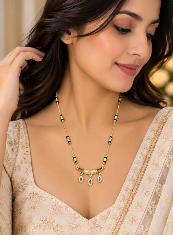 Gold_And_Black_Brass_Curved_Bar_Three_Drop_Mangalsutra_Necklace_For_Women