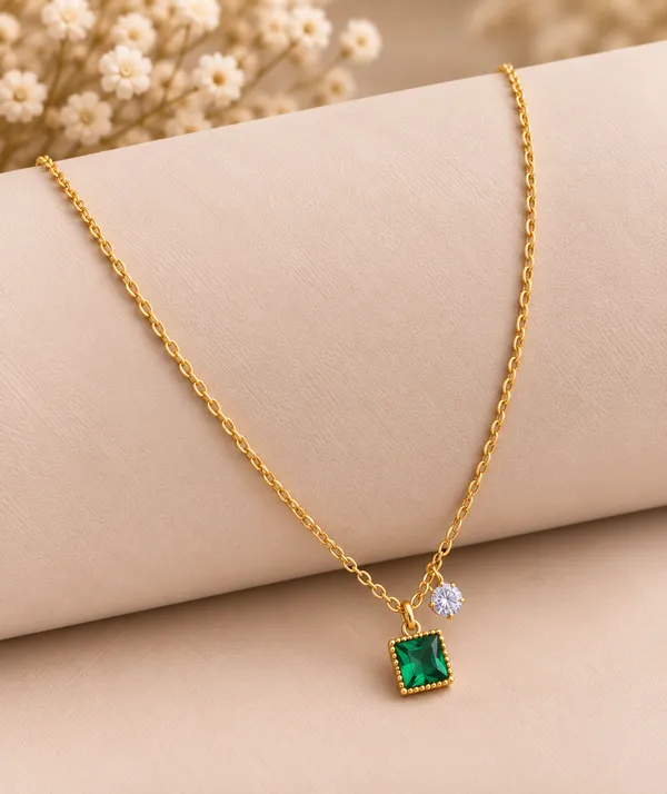 Gold_And_Green_Brass_Green_Square_Pendant_Necklace_For_Women