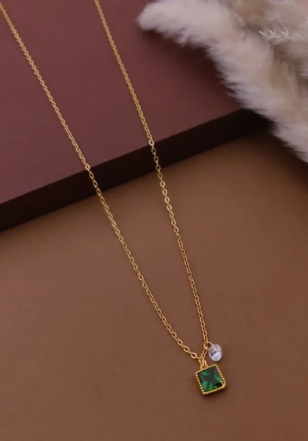 Gold_And_Green_Brass_Green_Square_Pendant_Necklace_For_Women
