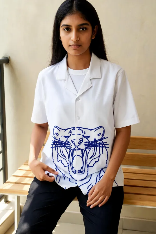 White_Tiger_Embroidered_Short_Sleeve_Shirt_For_Unisex