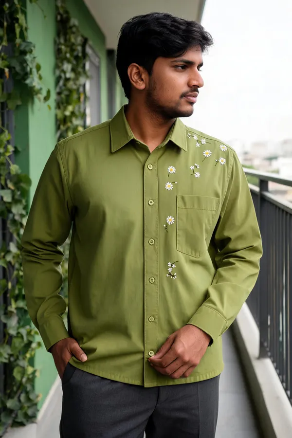 Olive_Green_Floral_Embroidered_Boxy_Fit_Shirt_For_Unisex