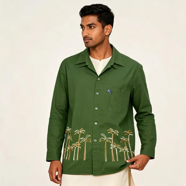 Green_Embroidered_Cotton_Double_Collar_Casual_Boxy_Fit_Shirt_For_Unisex