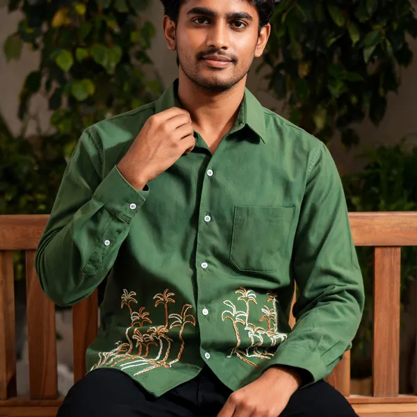 Green_Embroidered_Cotton_Double_Collar_Casual_Boxy_Fit_Shirt_For_Unisex