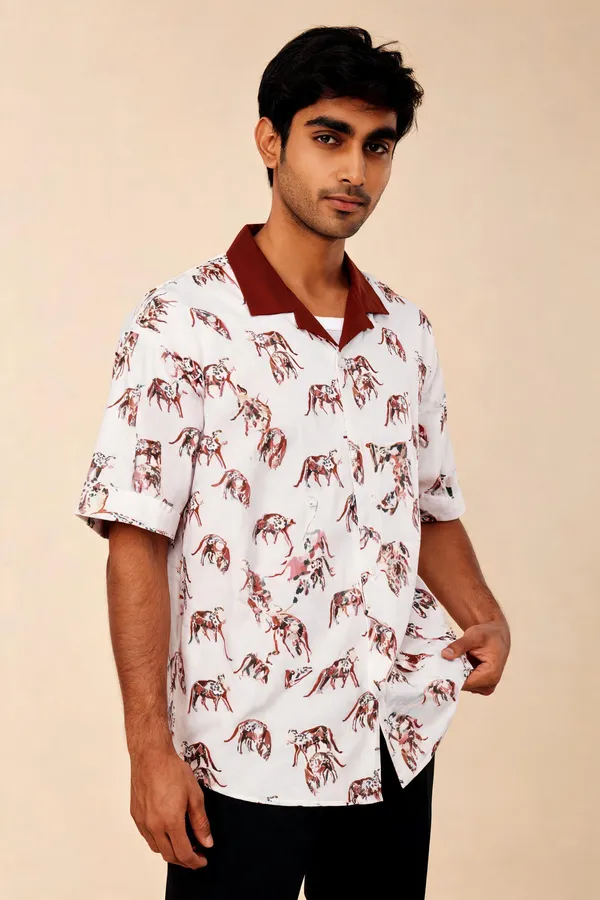 White_Printed_Embroidered_Short_Sleeve_Boxy_Fit_Shirt_For_Unisex