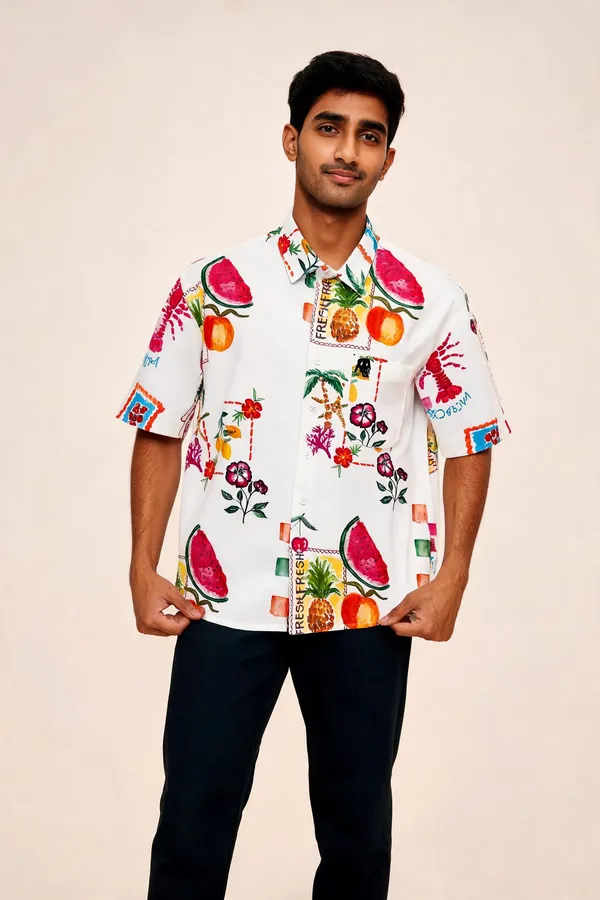 White_Printed_And_Embroidered_Short_Sleeve_Shirt_For_Unisex