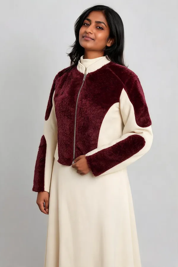 Burgundy_Faux_Fur_Colorblock_Jacket_For_Unisex