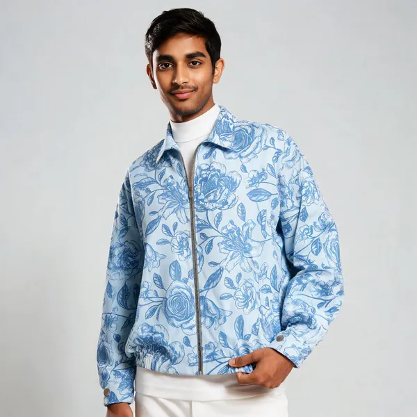 Blue_Floral_Print_Zip-Up_Jacket_For_Unisex
