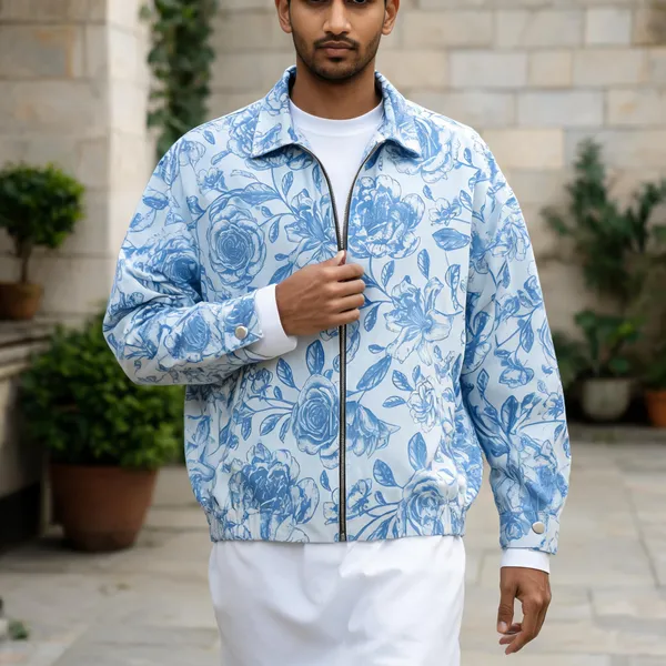 Blue_Floral_Print_Zip-Up_Jacket_For_Unisex