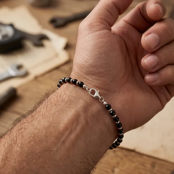 925_Silver_Black_Bead_Bracelet_With_Lobster_Clasp_Unisex_Minimal_Jewelry