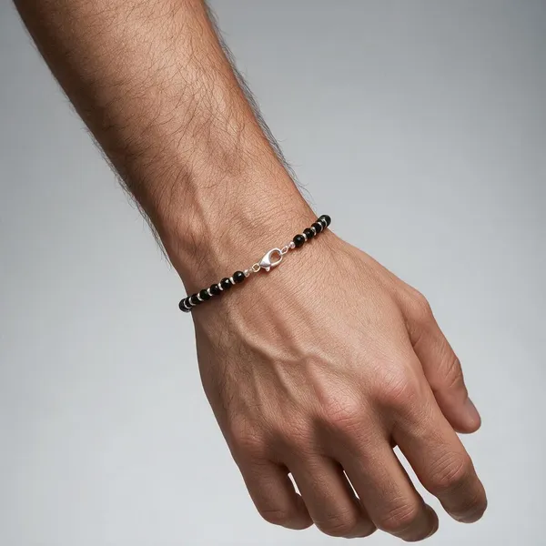 925_Silver_Black_Bead_Bracelet_With_Lobster_Clasp_Unisex_Minimal_Jewelry