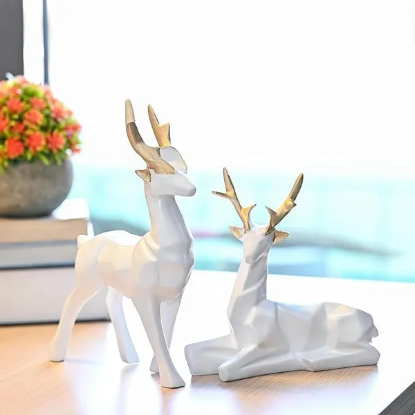 White_Resin_Deer_Figurine_Set_With_Gold_Antlers