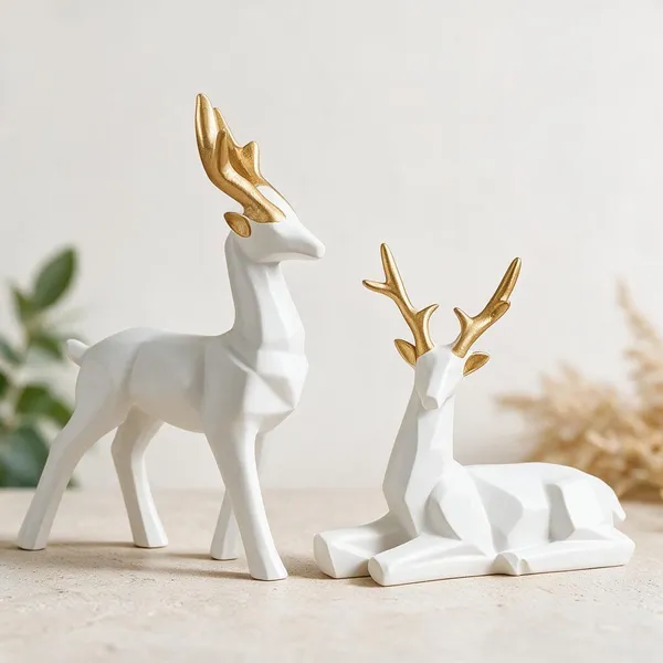 White_Resin_Deer_Figurine_Set_With_Gold_Antlers