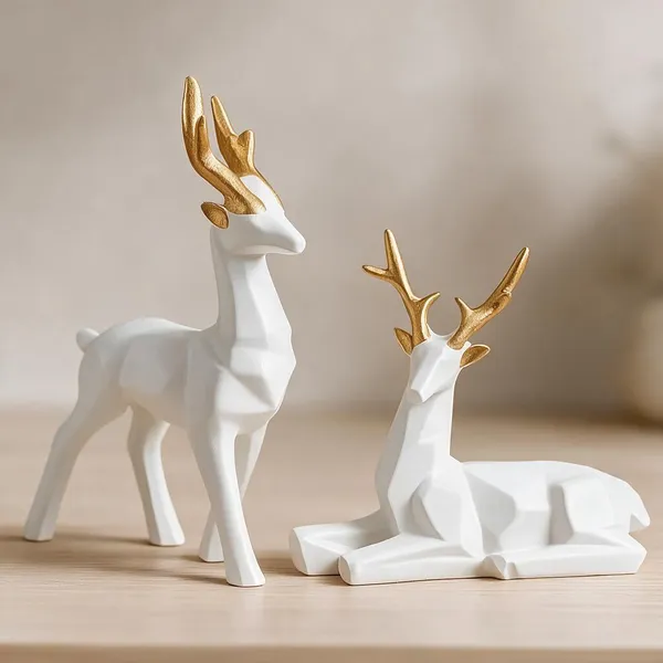 White_Resin_Deer_Figurine_Set_With_Gold_Antlers