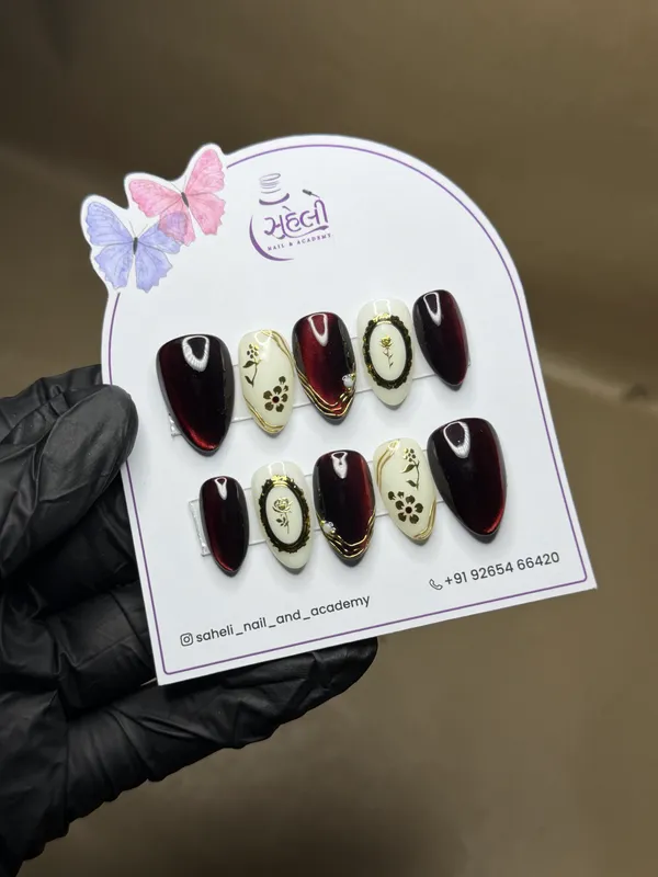 Saheli_Maroon_Ivory_Floral_Gold_Accent_Press-On_Nails