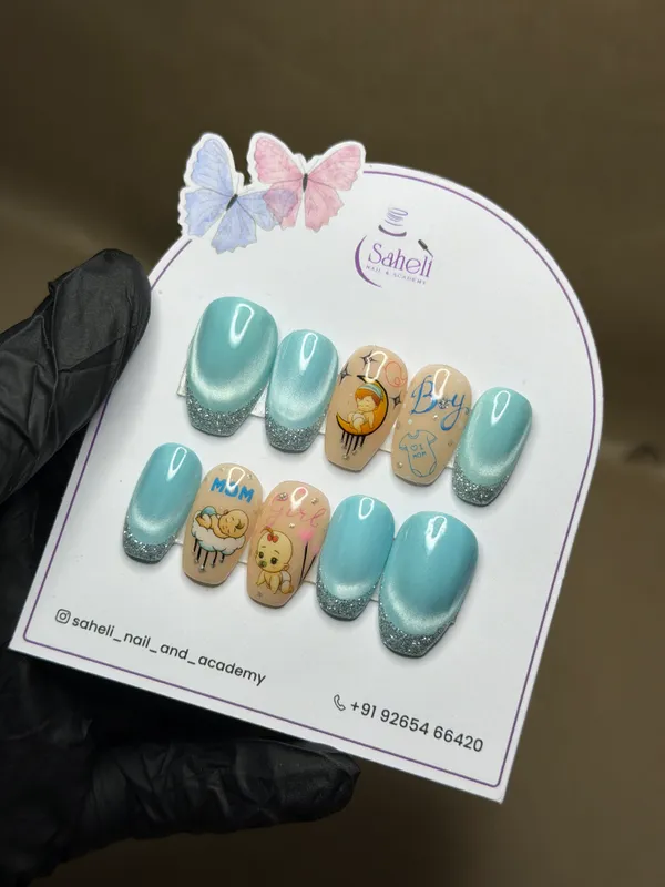 Saheli_Turquoise_Glitter_Baby_Theme_Press-On_Nail_Set