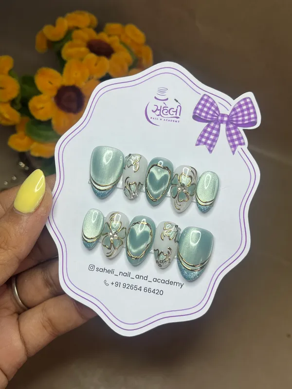 Saheli_Mint_Green_Gold_Floral_Embellished_Press-On_Nail_Set