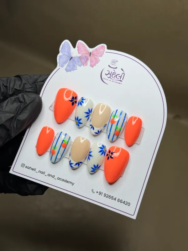 Saheli_Orange_Floral_Botanical_Printed_Press-On_Nails