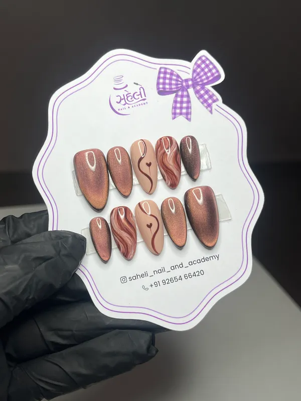Saheli_Brown_Mauve_Almond_Marble_Bow_Press-On_Nails