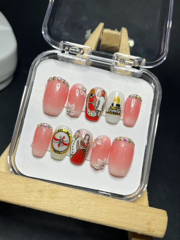 Saheli_Pink_Gradient_Bow_Rhinestone_Press-On_Artificial_Nail_Set