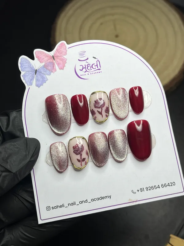 Saheli_Nail_Academy_Burgundy_Rose-Gold_Floral_Press-On_Nails