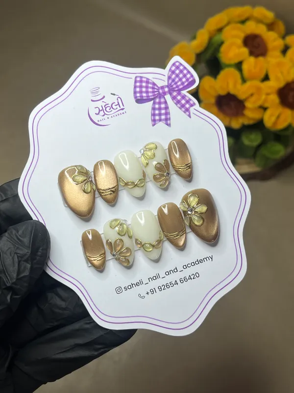 Brown_Gold_Ivory_Floral_Embellished_Press-On_Nails