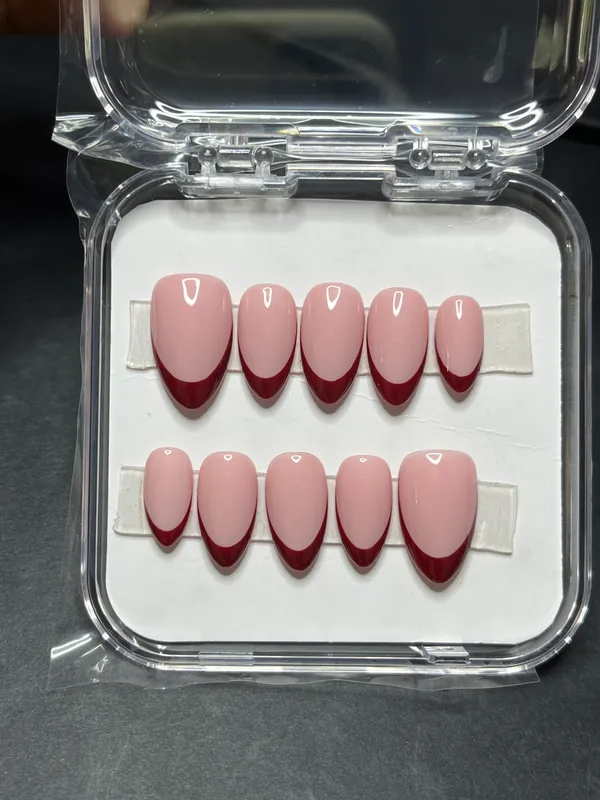 Saheli_Pink_Burgundy_French_Tip_Almond_Press-On_Nail_Set_Of_10
