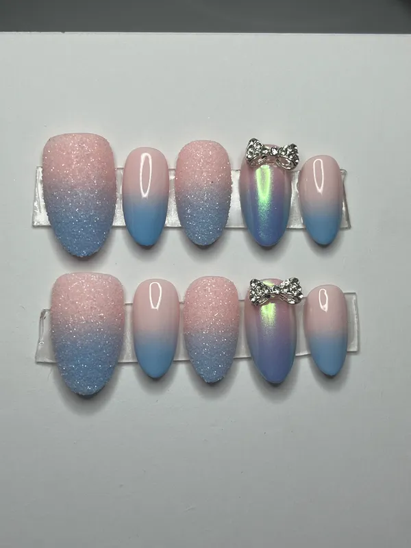 Pink_Blue_Ombre_Glitter_Silver_Bow_Press-On_Nail_Set