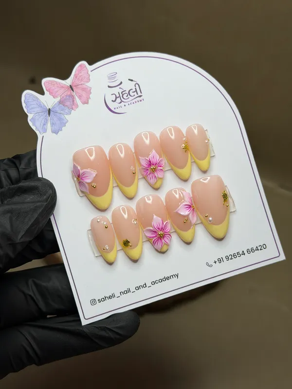 Saheli_Yellow_French_Tip_Floral_Gold_Press-On_Nails