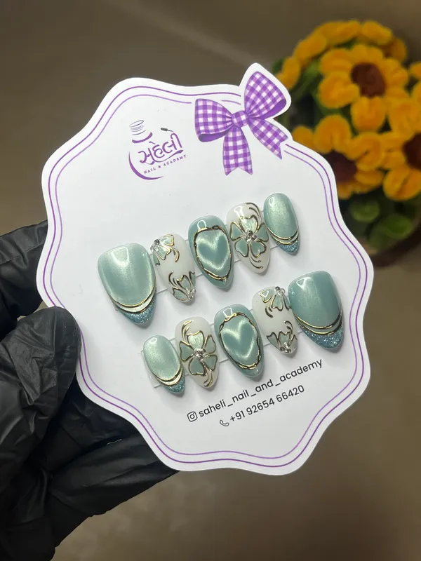 Saheli_Mint_Green_Floral_Gold_Accent_Press-On_Nail_Tips_Set_Of_10