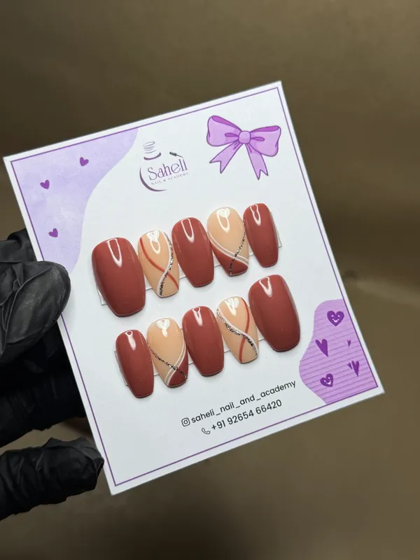 Saheli_Maroon_Peach_Silver_Accent_Glossy_Press-On_Nails