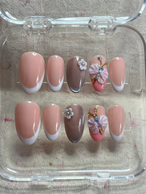 Saheli_Pink_White_French_Tip_3D_Floral_Press-On_Nail_Set