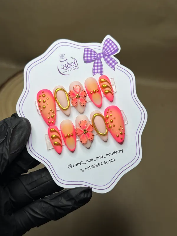 Saheli_Pink_Floral_Bow_Gold_Embellished_Press-On_Nails