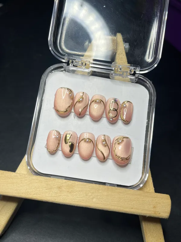 Saheli_Nude_Pink_Glossy_Gold_Detail_Press-On_Nail_Set