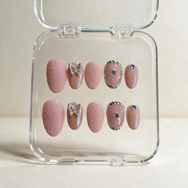 Saheli_Pink_Glitter_Butterfly_Rhinestone_Press-On_Nails